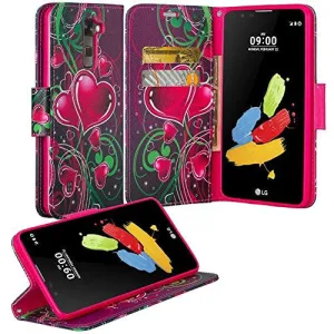 LG K8 | Phoenix 2 | Escape 3 Case, Wallet Case, Wrist Strap [Kickstand] Pu Leather Wallet Case with ID & Credit Card Slots - Heart Strings