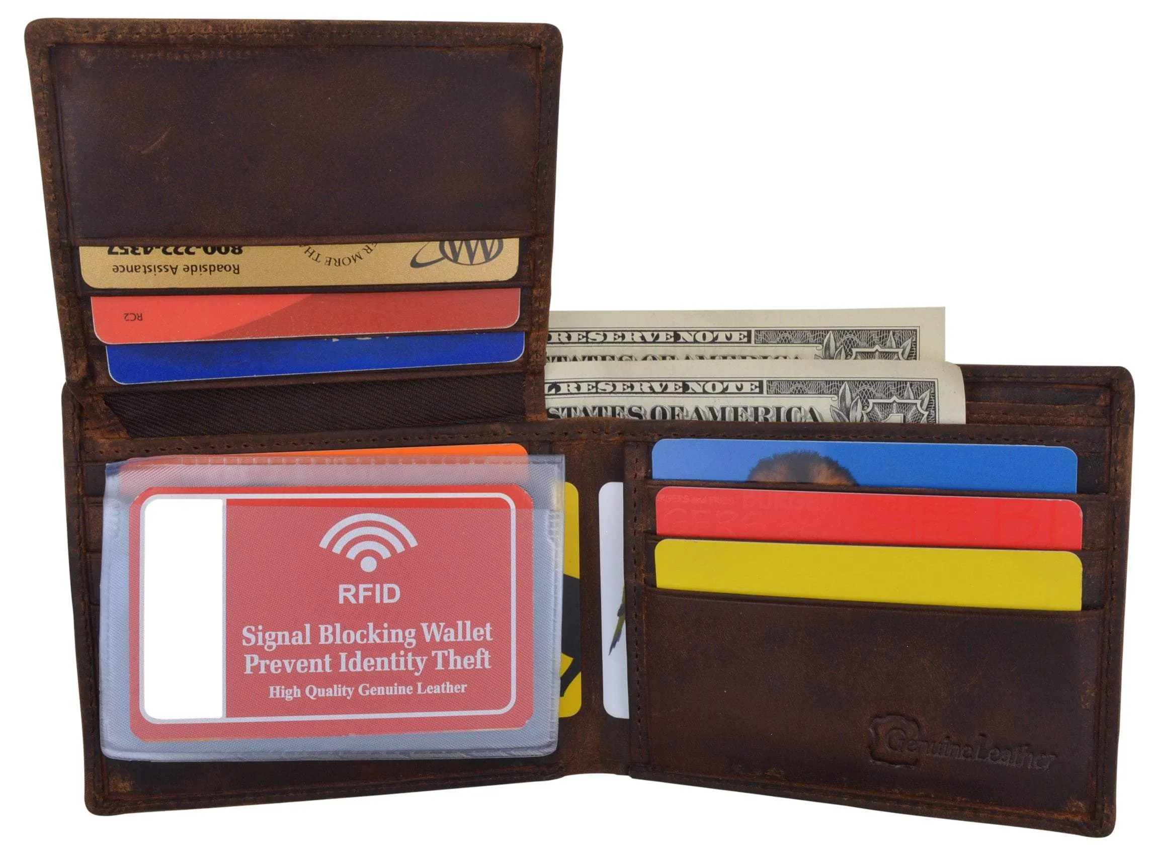 Men's Cowhide Leather USA Flag Eagle Logo RFID Bifold Wallet