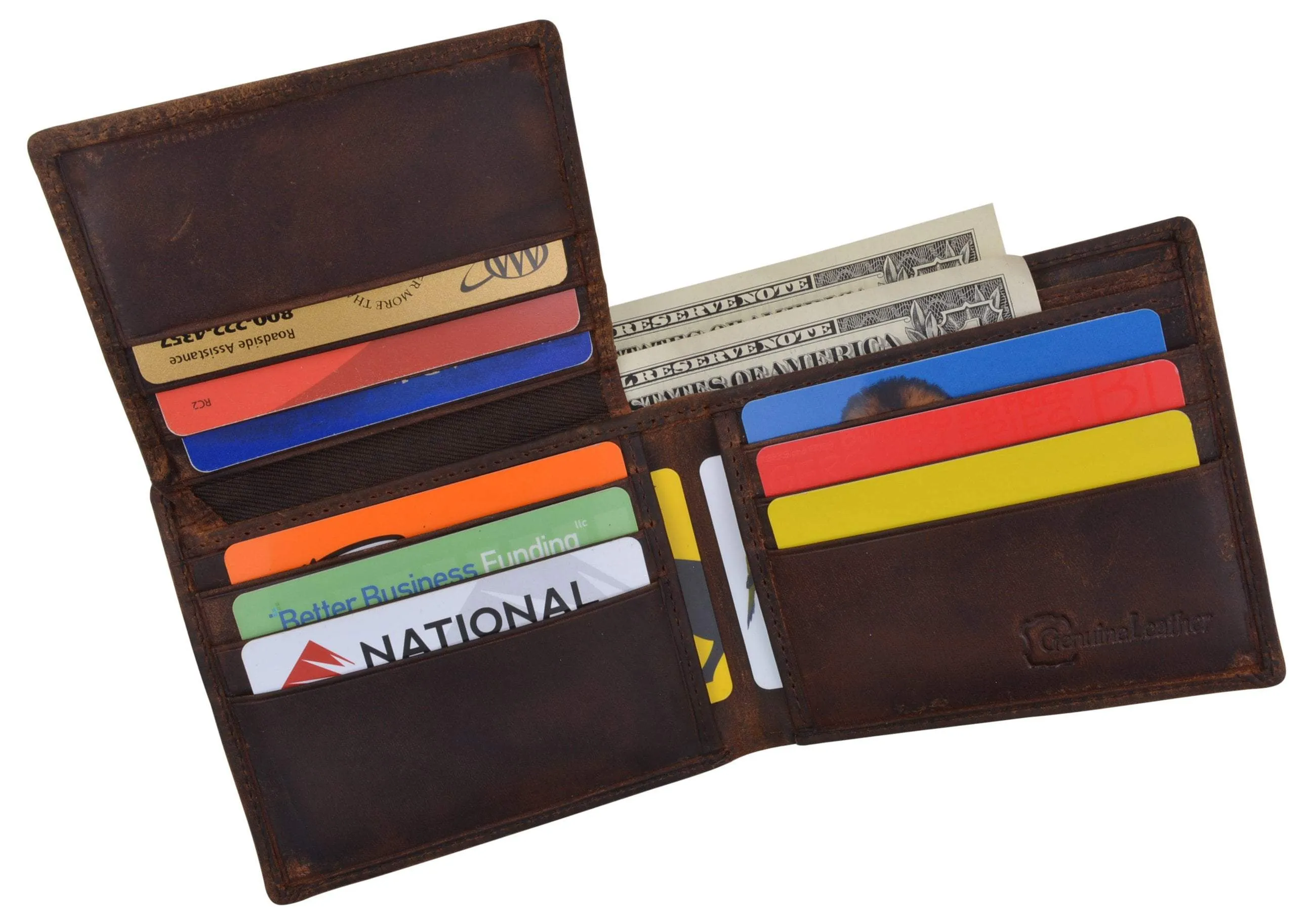 Men's Cowhide Leather USA Flag Eagle Logo RFID Bifold Wallet