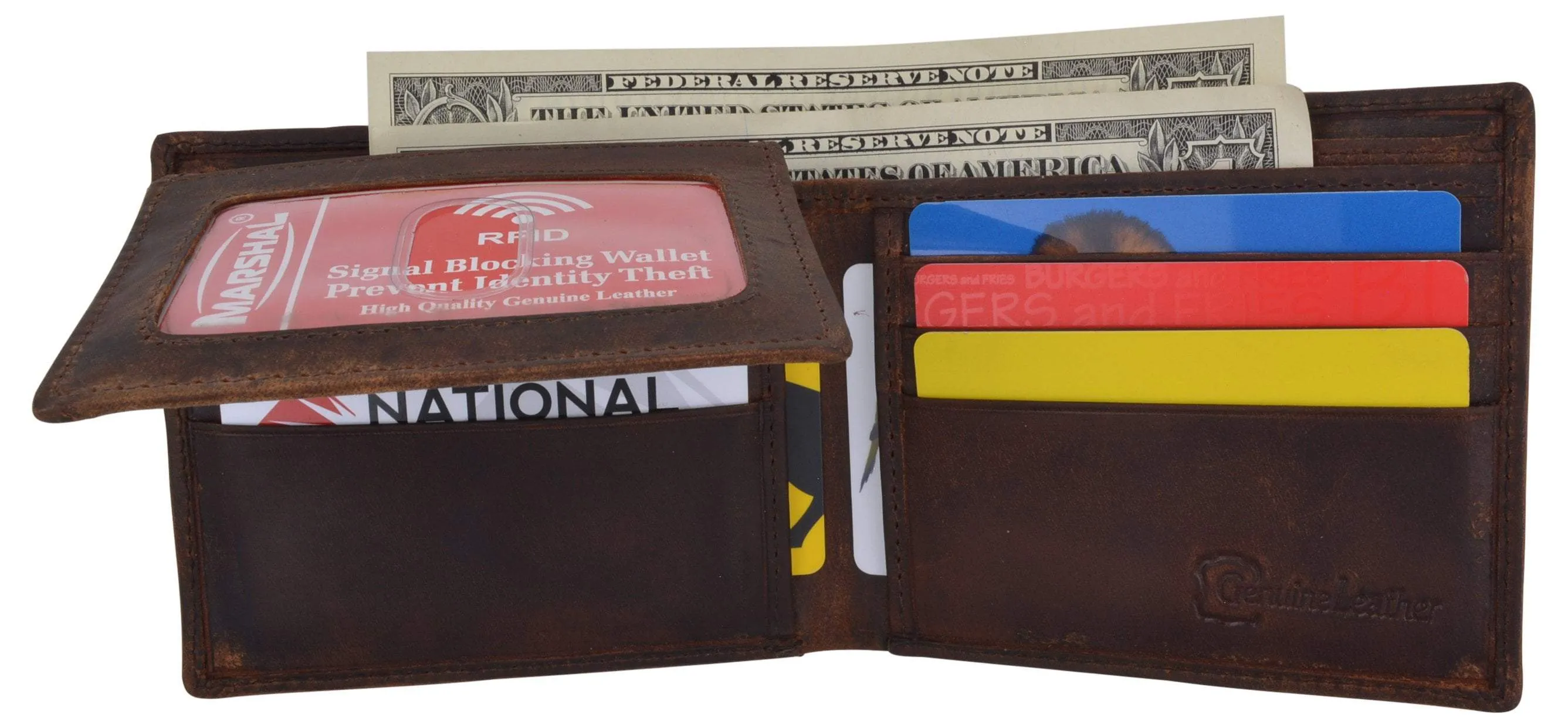 Men's Cowhide Leather USA Flag Eagle Logo RFID Bifold Wallet
