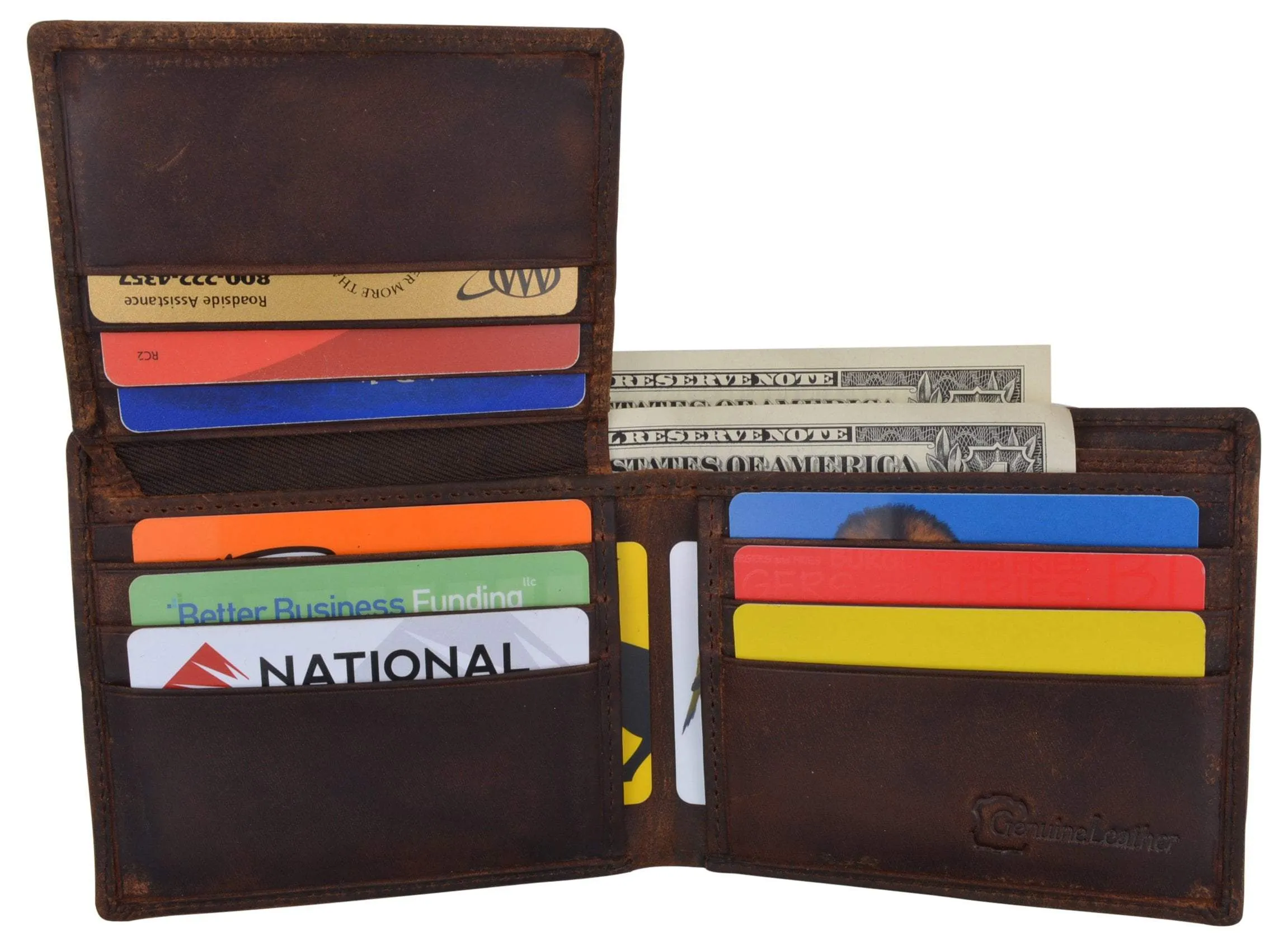 Men's Cowhide Leather USA Flag Eagle Logo RFID Bifold Wallet