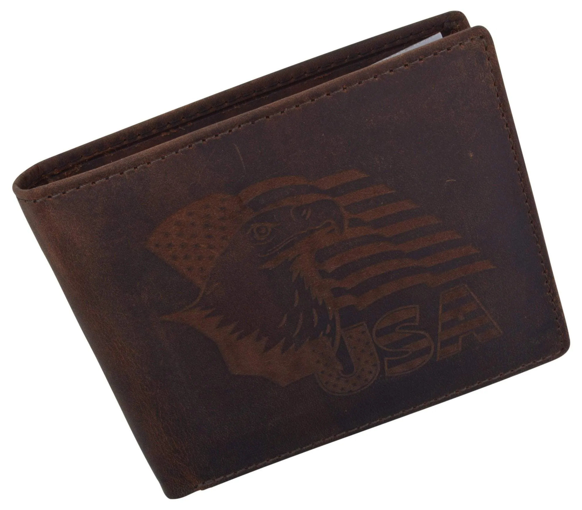 Men's Cowhide Leather USA Flag Eagle Logo RFID Bifold Wallet