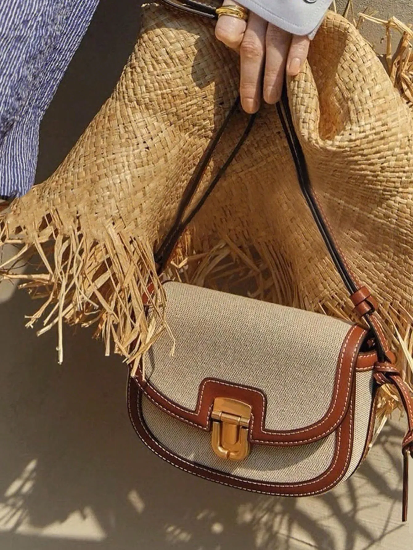 Metal Decor Saddle Bag Contrast Binding Flap Mini Stitching Saddle Bag
