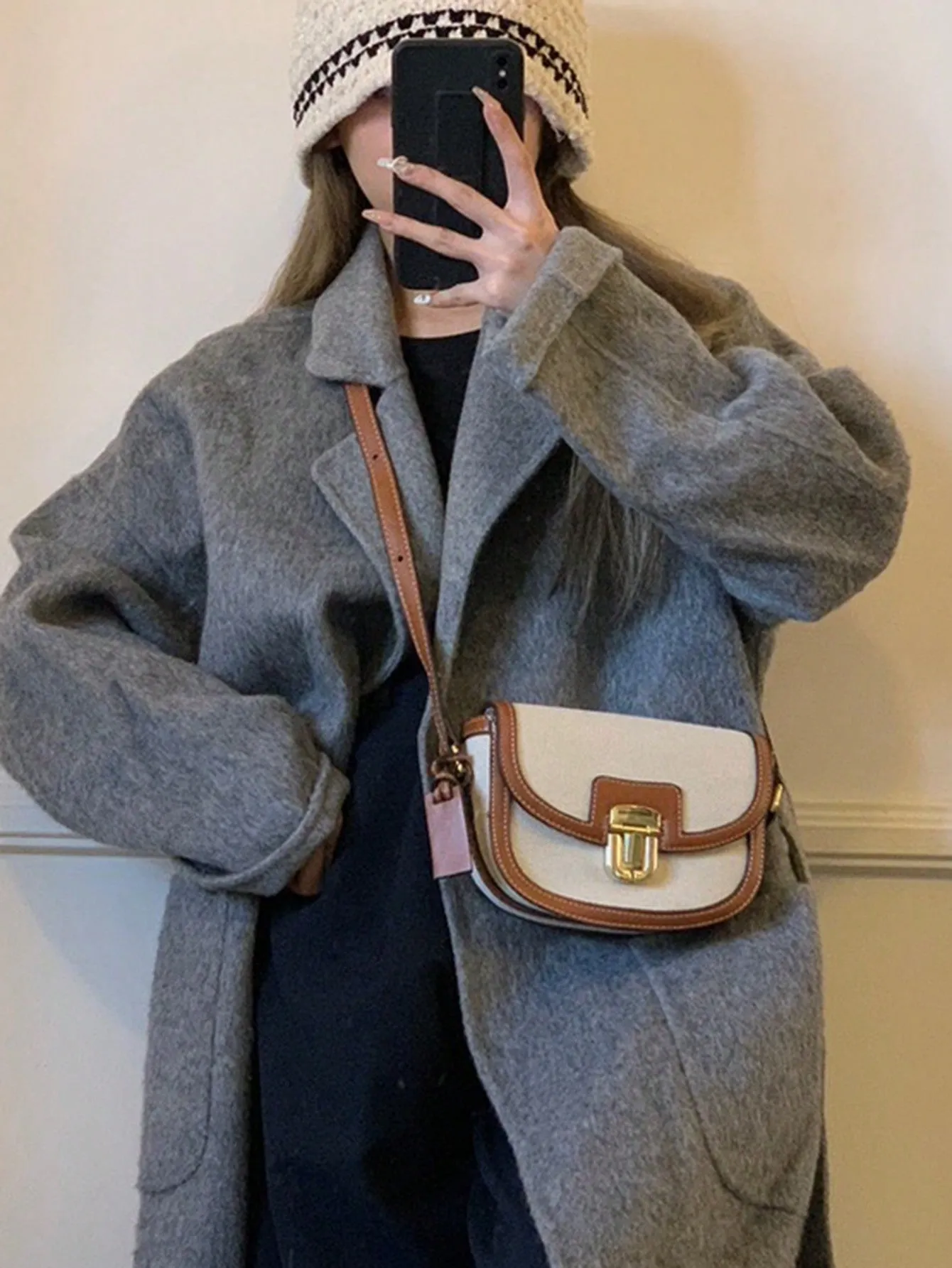 Metal Decor Saddle Bag Contrast Binding Flap Mini Stitching Saddle Bag