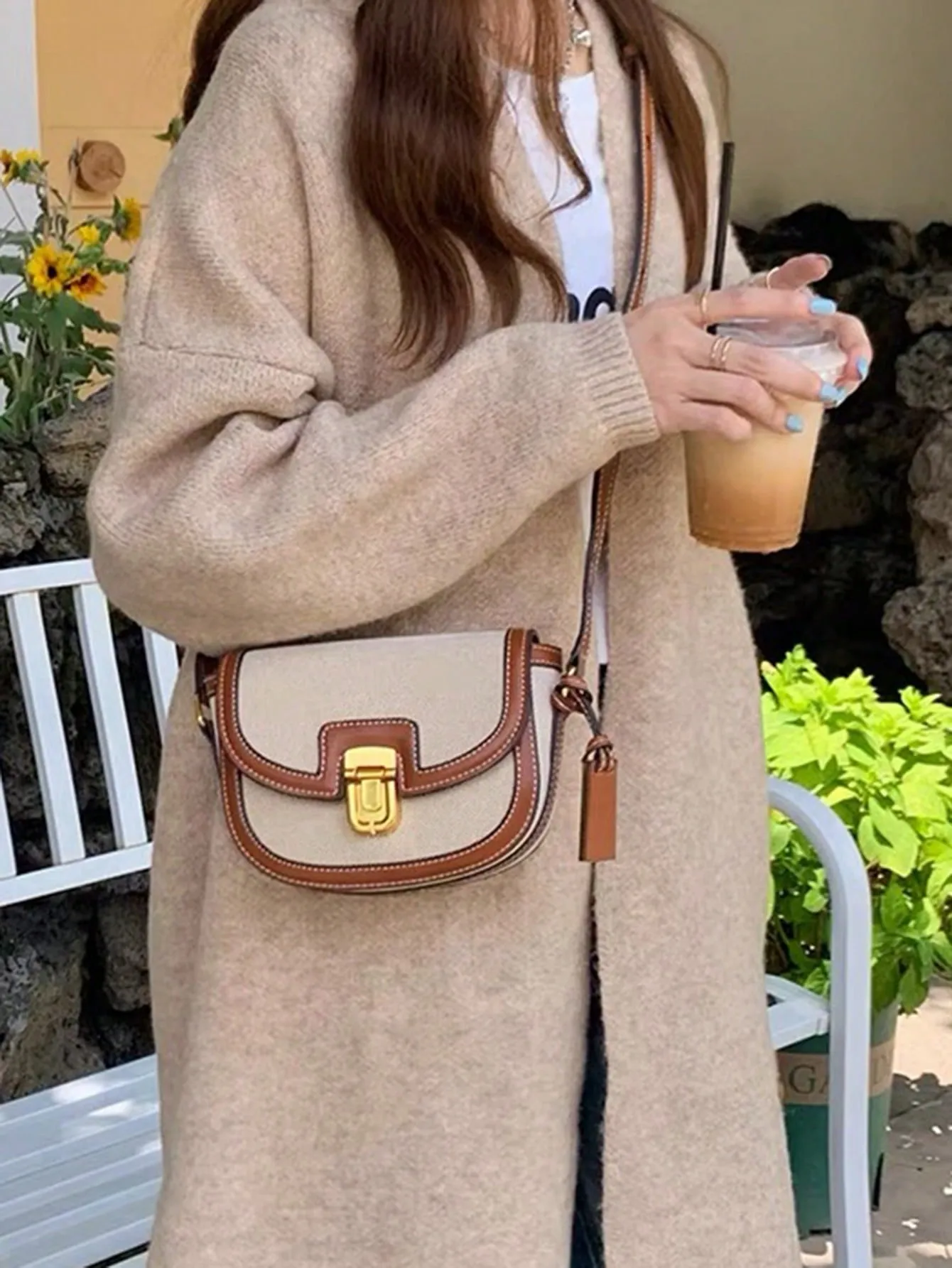 Metal Decor Saddle Bag Contrast Binding Flap Mini Stitching Saddle Bag