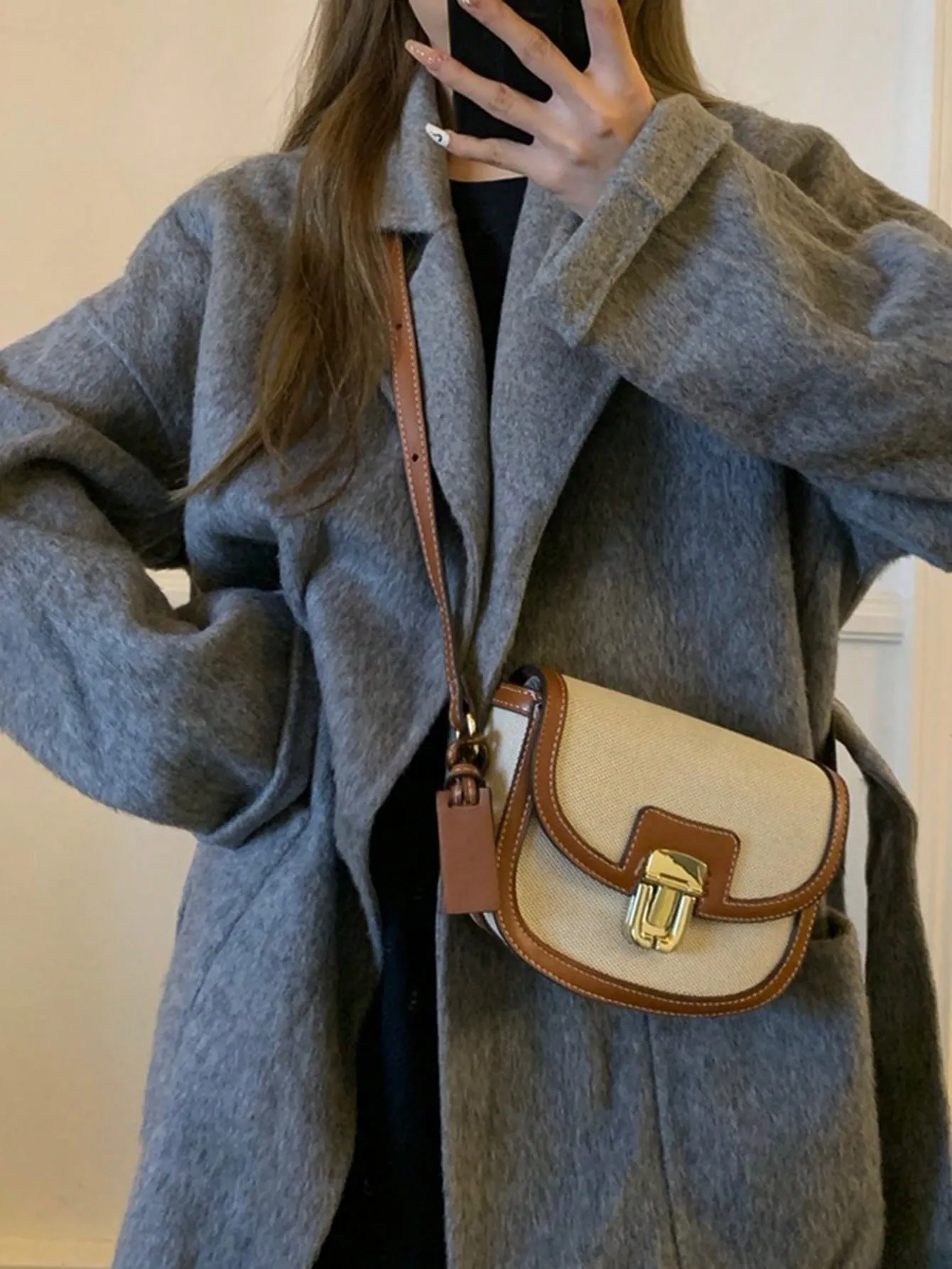 Metal Decor Saddle Bag Contrast Binding Flap Mini Stitching Saddle Bag