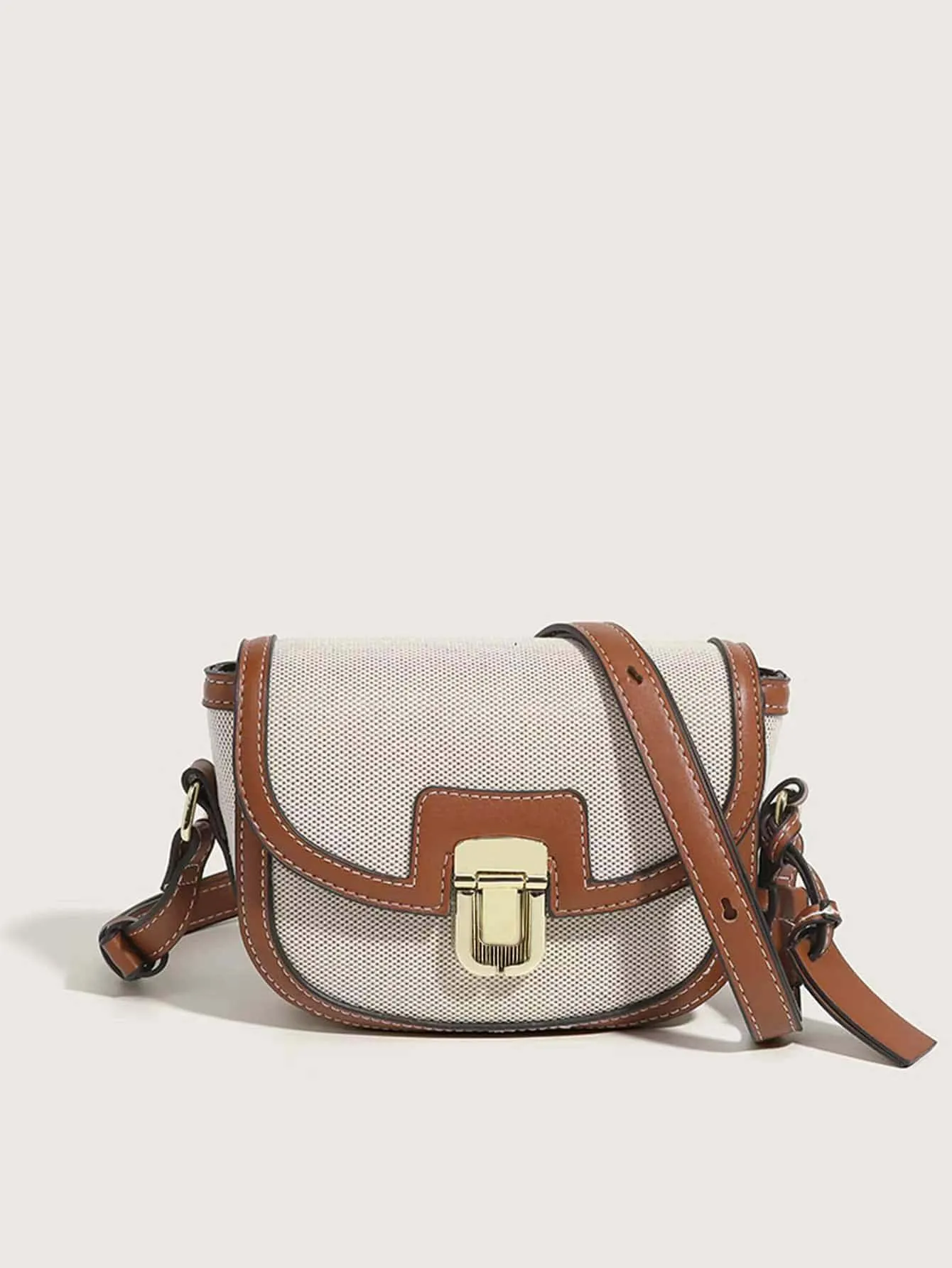 Metal Decor Saddle Bag Contrast Binding Flap Mini Stitching Saddle Bag