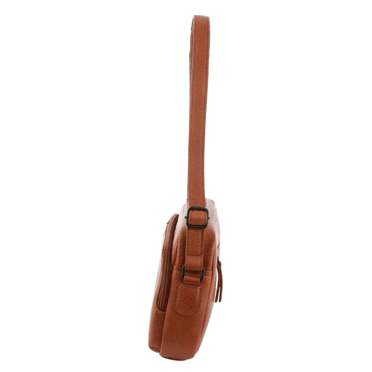 Milleni Leather Ladies Multi-Zip Cross-Body Bag - Cognac