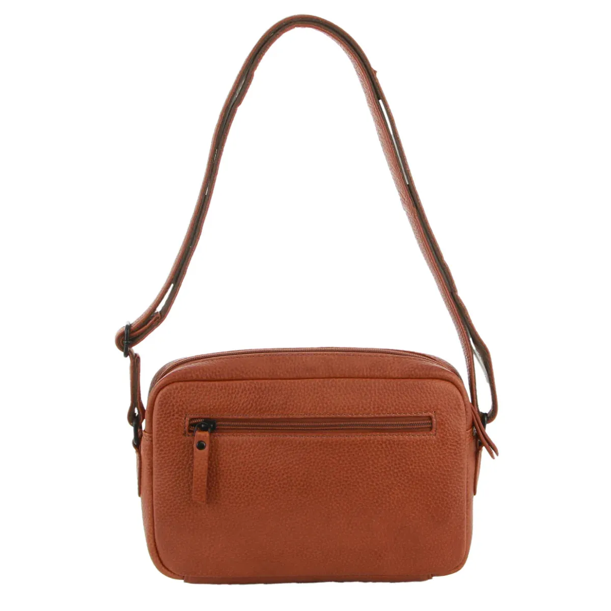 Milleni Leather Ladies Multi-Zip Cross-Body Bag - Cognac