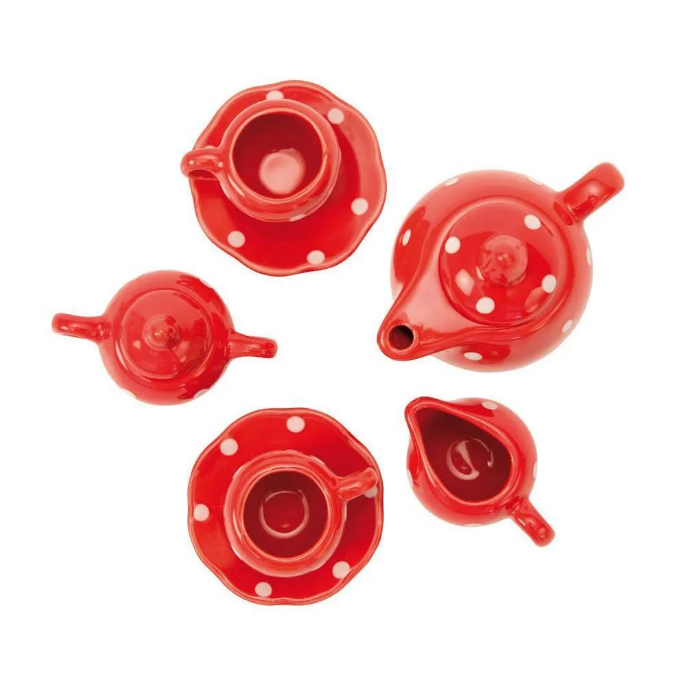 Moulin Roty red ceramic tea set in suitcase