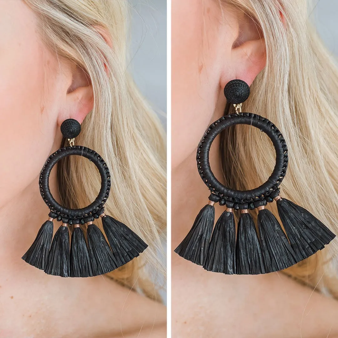 Mud Pie: Raffia Black Tassel Earrings