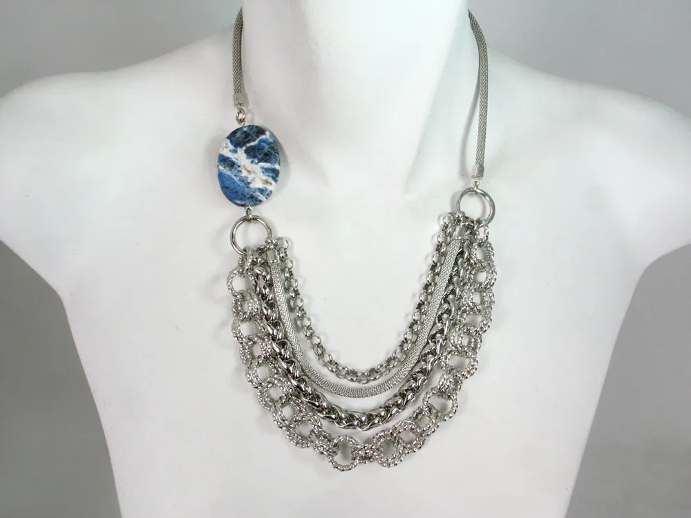 Multi-Chain Mesh Necklace with Stone