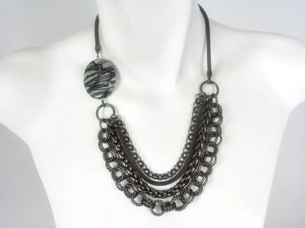 Multi-Chain Mesh Necklace with Stone