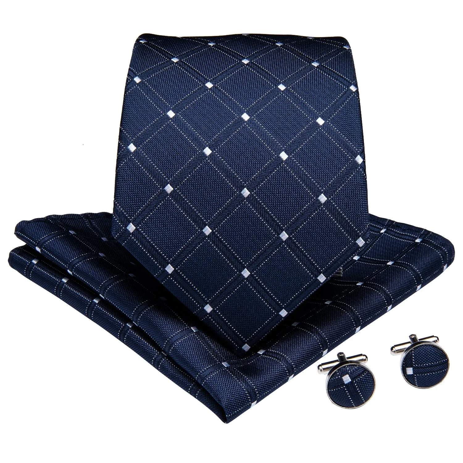 Navy Blue Plaid Tie Pocket Square Cufflinks Set with Spacious Ring
