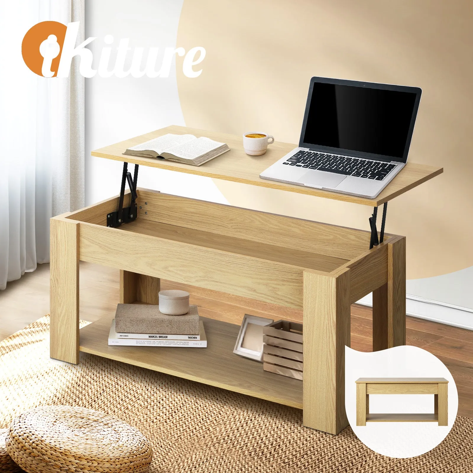 Oikiture Coffee Table Lift Up Top Modern Tables Hidden Book Storage Natural