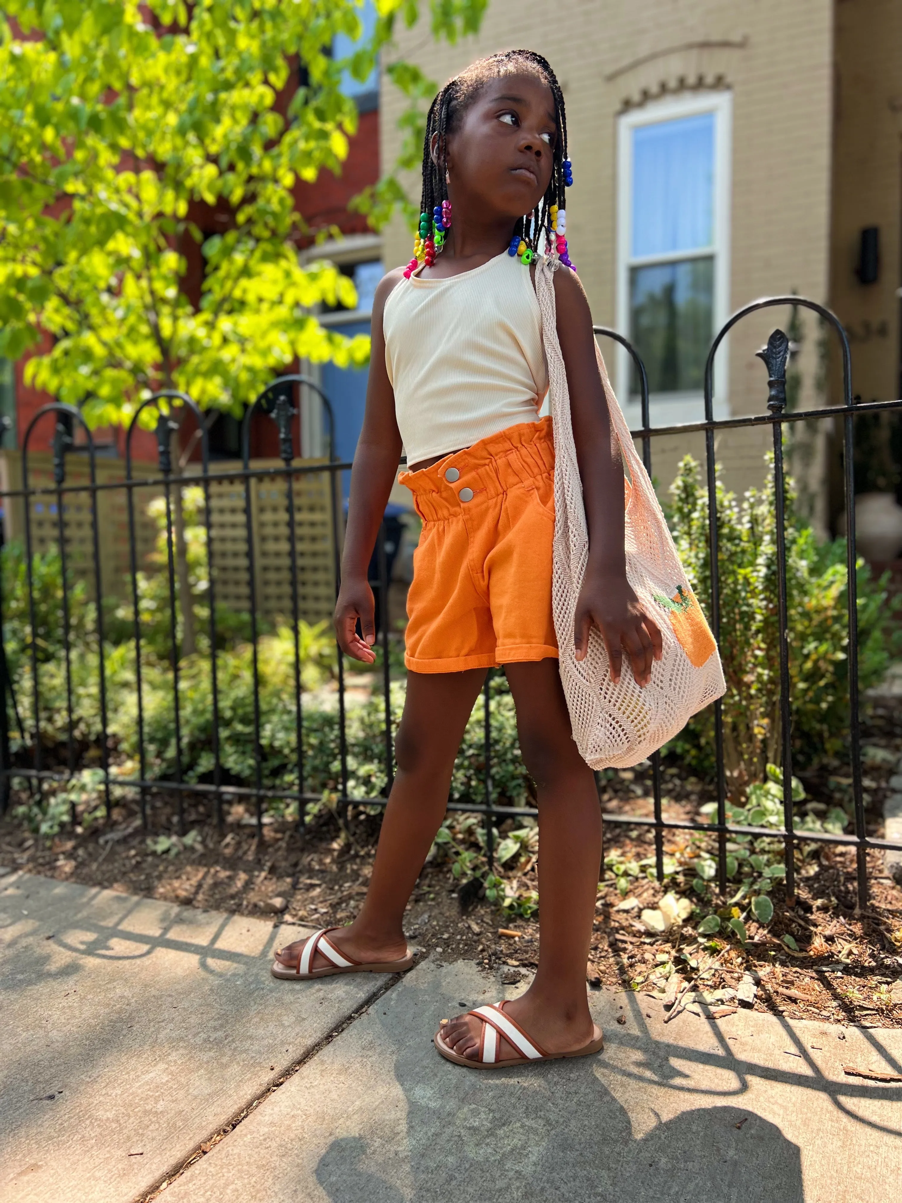 Orange Paper Bag Waist Shorts