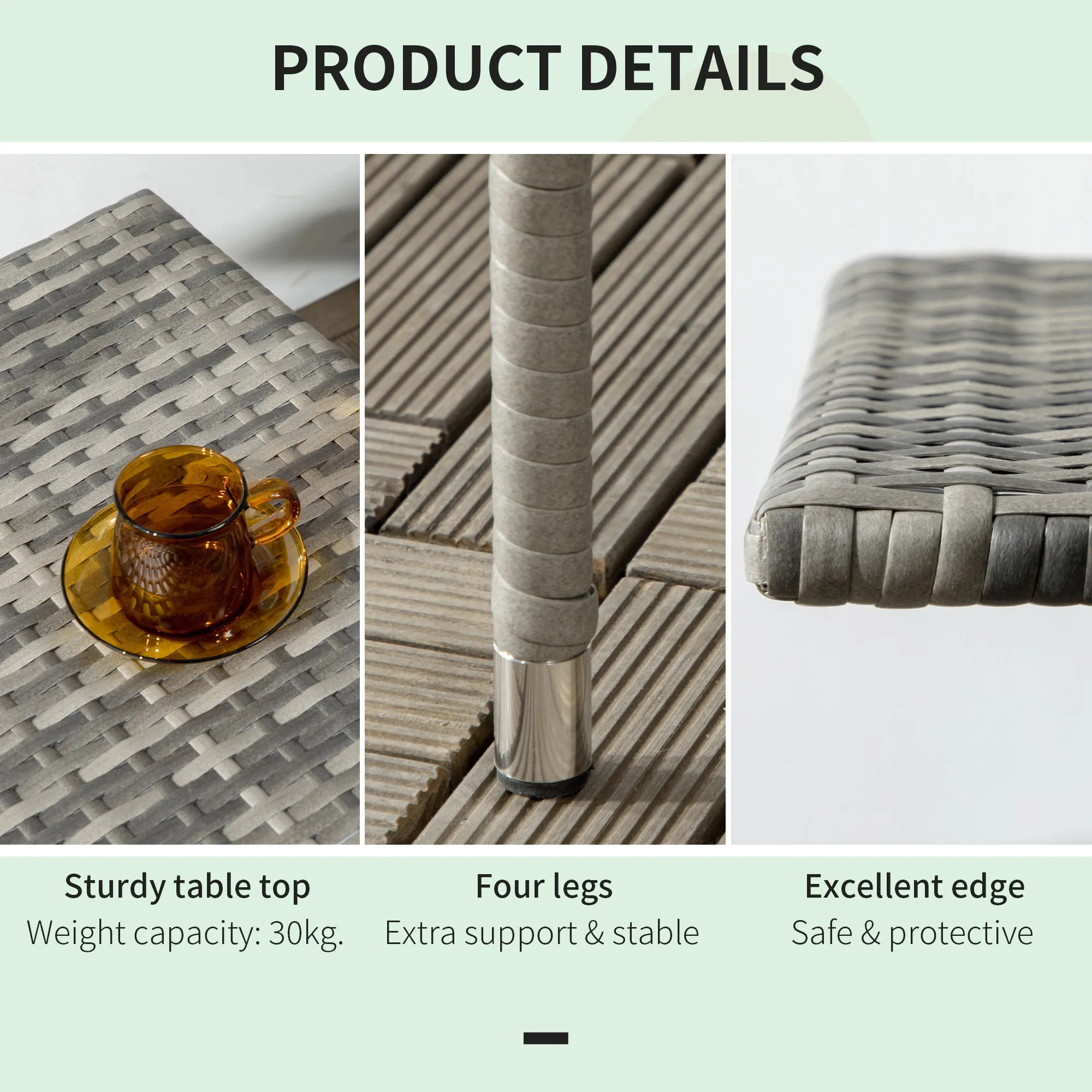 Outsunny Rattan Side Table, Outdoor Coffee Table, with Plastic Board Under the Full Woven Table Top for Patio, Garden, Balcony, Mixed Grey