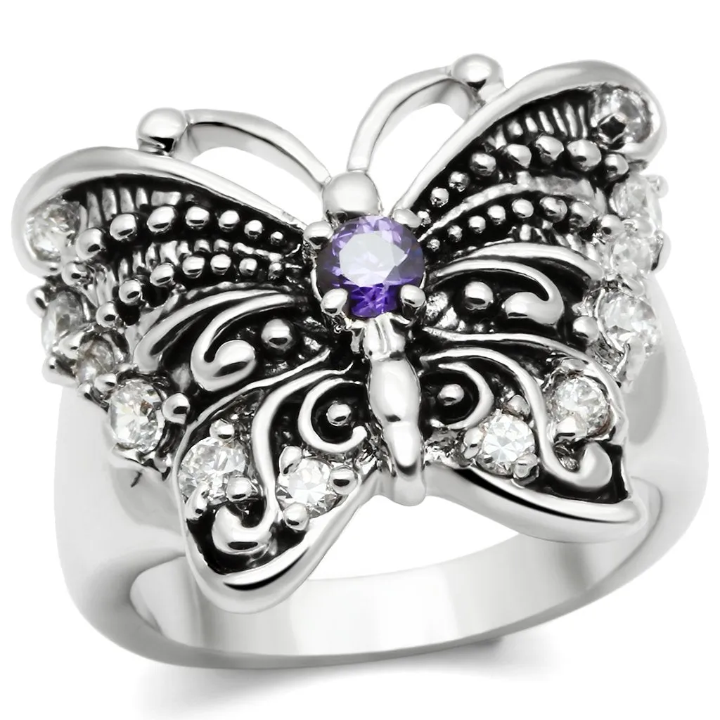 Rhodium Brass Ring with AAA Grade CZ in Amethyst for Women Style 3W204