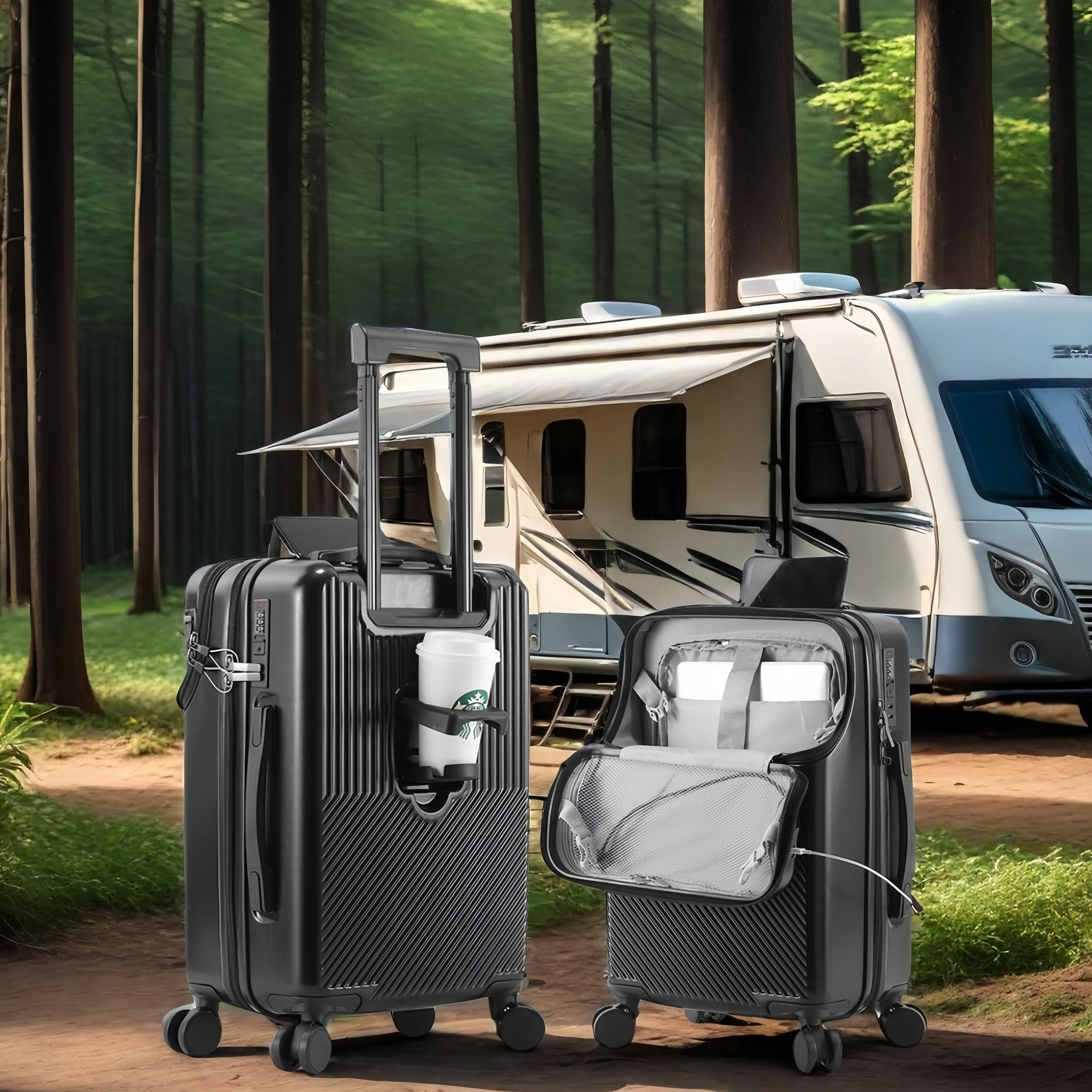 RV Front Open Spacious Storage, Multifunctional Design Suitcase with Cup Holder and USB Charging Port