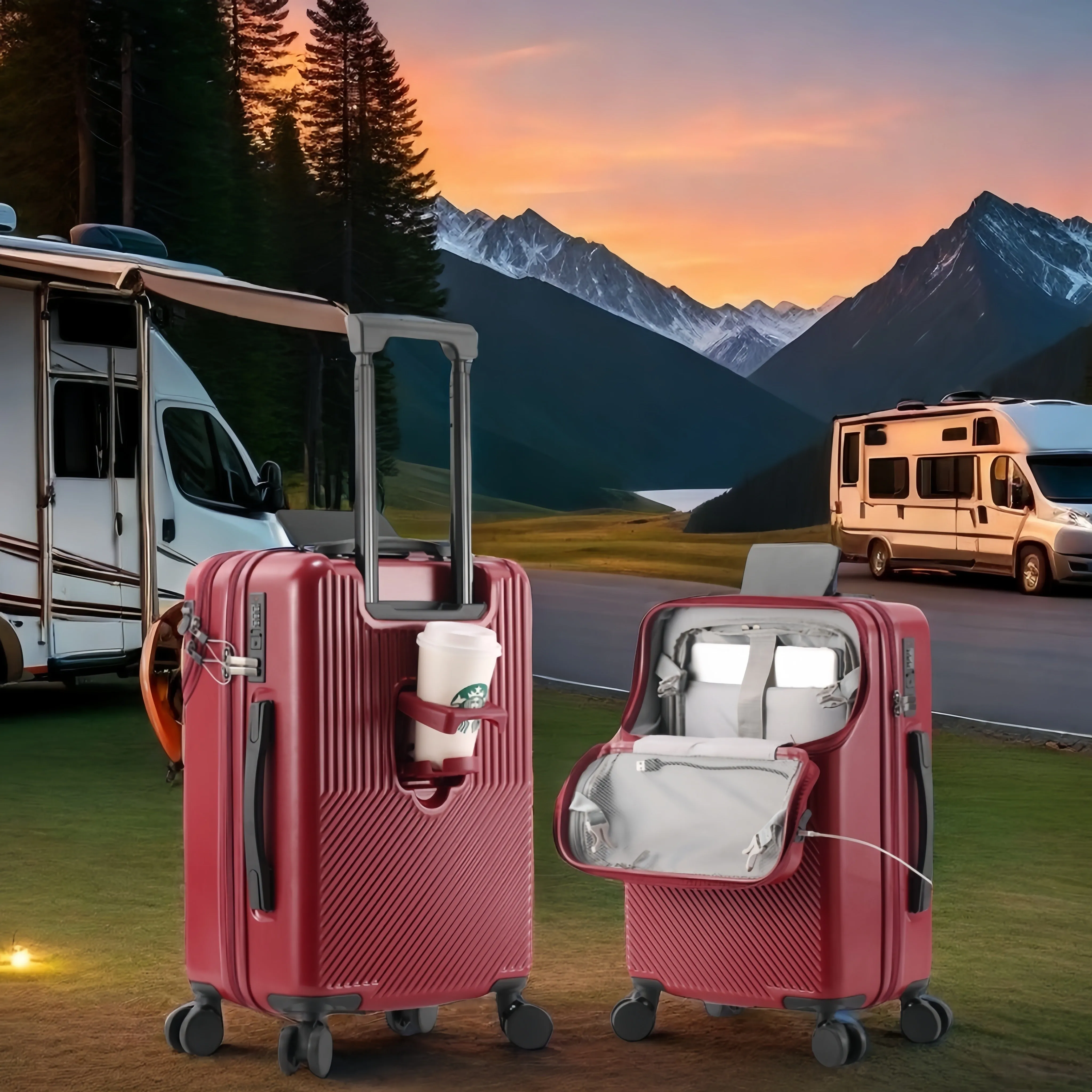 RV Front Open Spacious Storage, Multifunctional Design Suitcase with Cup Holder and USB Charging Port