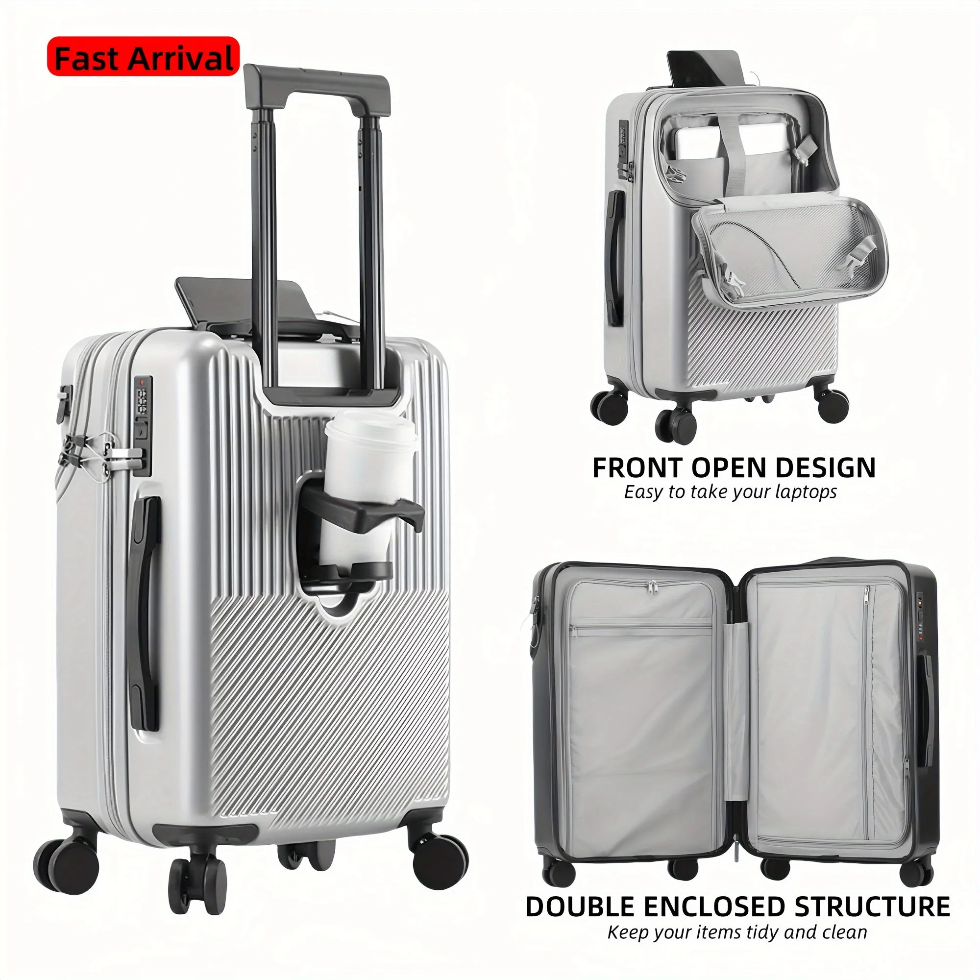 RV Front Open Spacious Storage, Multifunctional Design Suitcase with Cup Holder and USB Charging Port