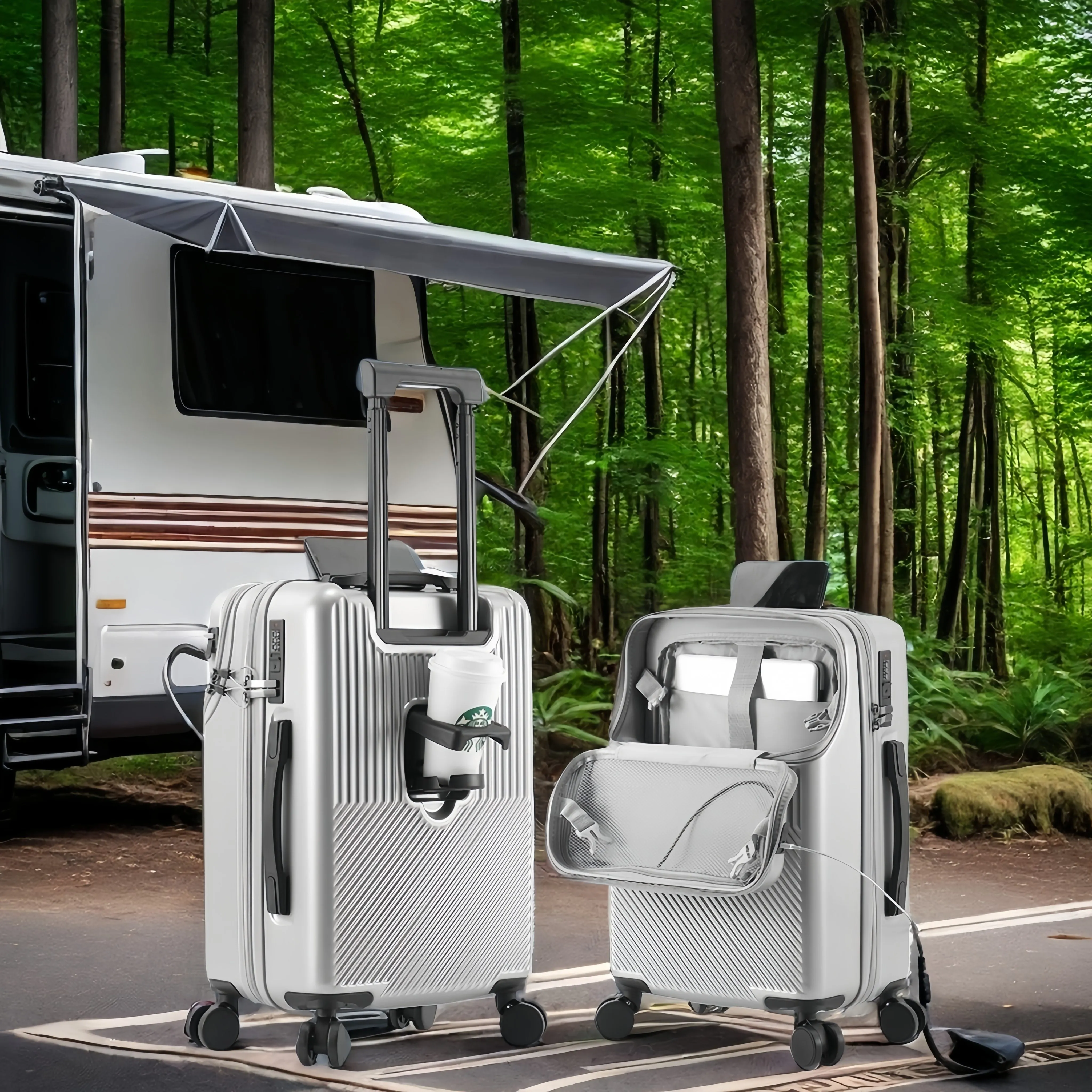 RV Front Open Spacious Storage, Multifunctional Design Suitcase with Cup Holder and USB Charging Port