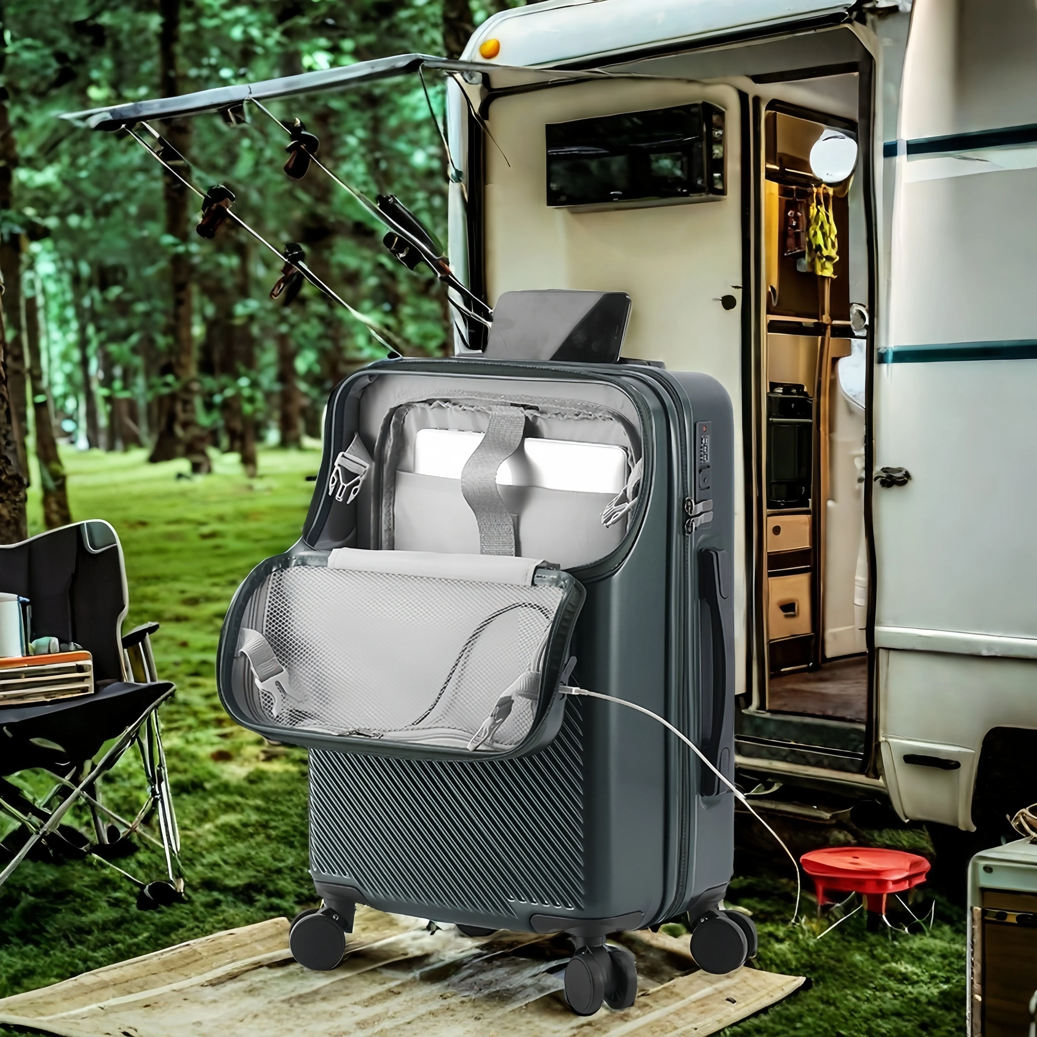 RV Front Open Spacious Storage, Multifunctional Design Suitcase with Cup Holder and USB Charging Port