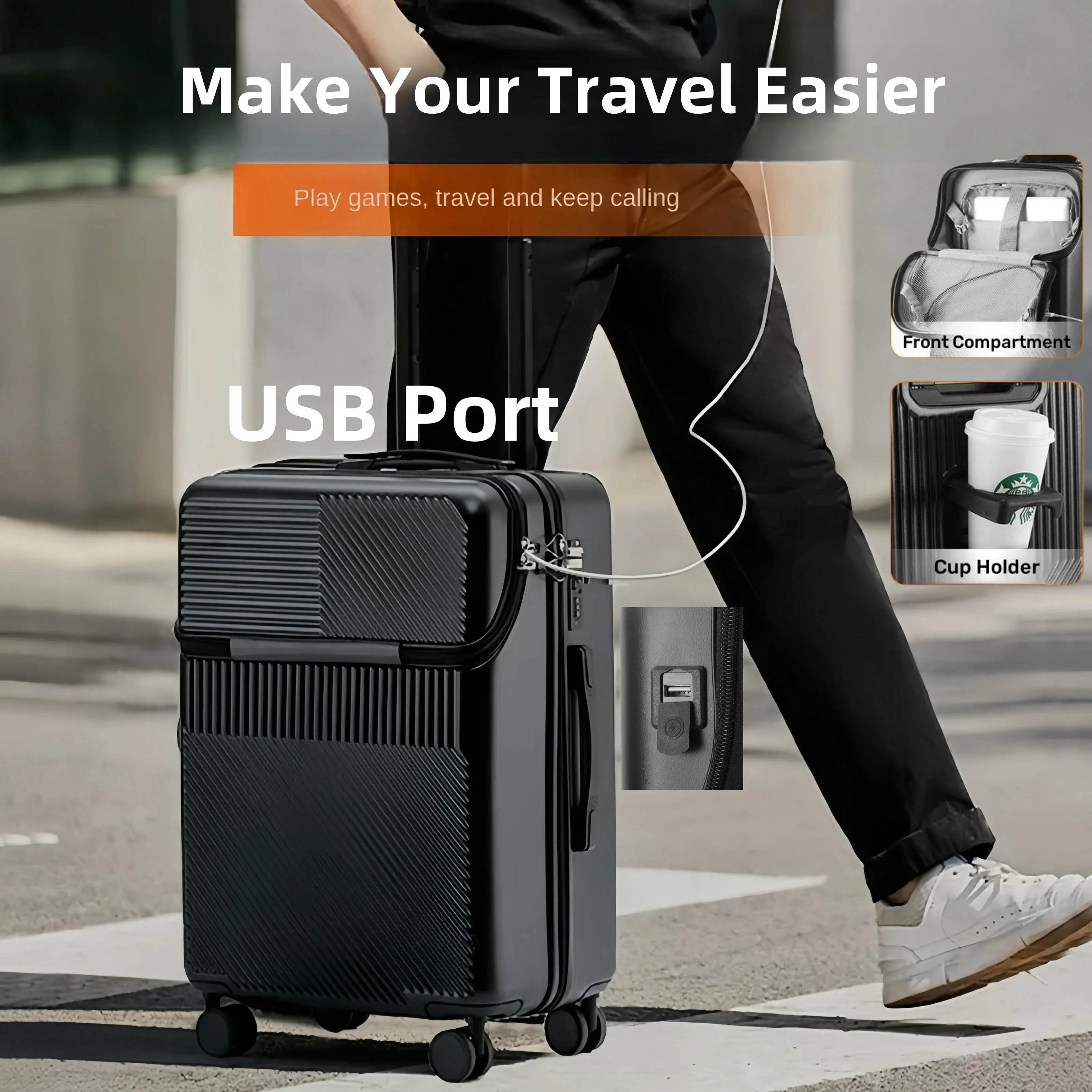 RV Front Open Spacious Storage, Multifunctional Design Suitcase with Cup Holder and USB Charging Port