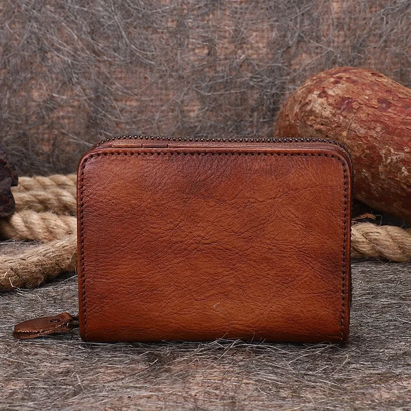 Small Leather Bifold Wallets Vintage Billfold Cute Women Zip Wallets For Ladies