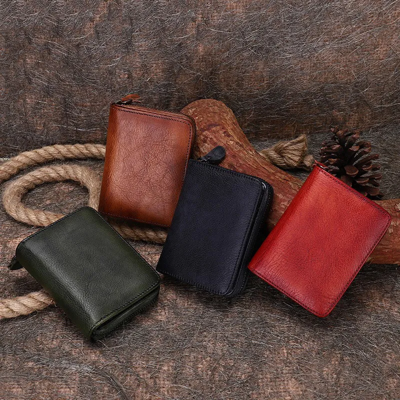 Small Leather Bifold Wallets Vintage Billfold Cute Women Zip Wallets For Ladies