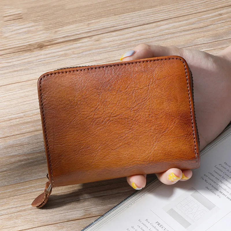 Small Leather Bifold Wallets Vintage Billfold Cute Women Zip Wallets For Ladies