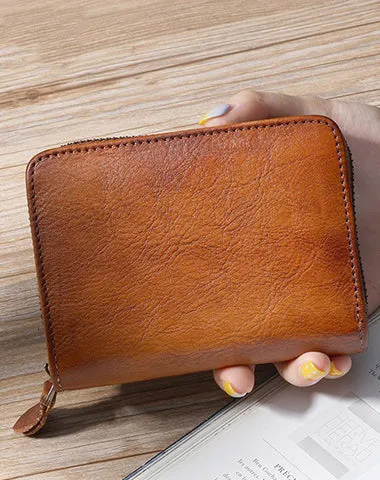 Small Leather Bifold Wallets Vintage Billfold Cute Women Zip Wallets For Ladies