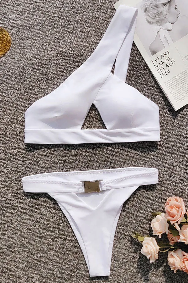 Solid Color Buckle Striking Cutout Irregular Bikini