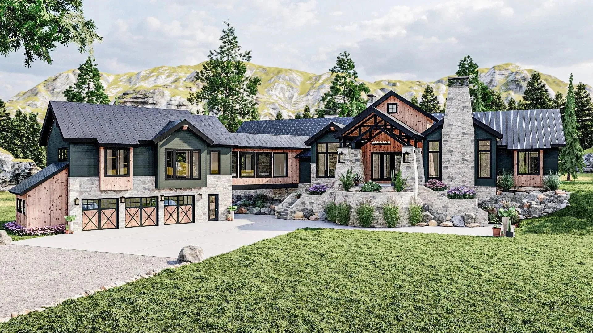 Spacious 5-Bedroom Home Plan with Courtyard Garage and Basement