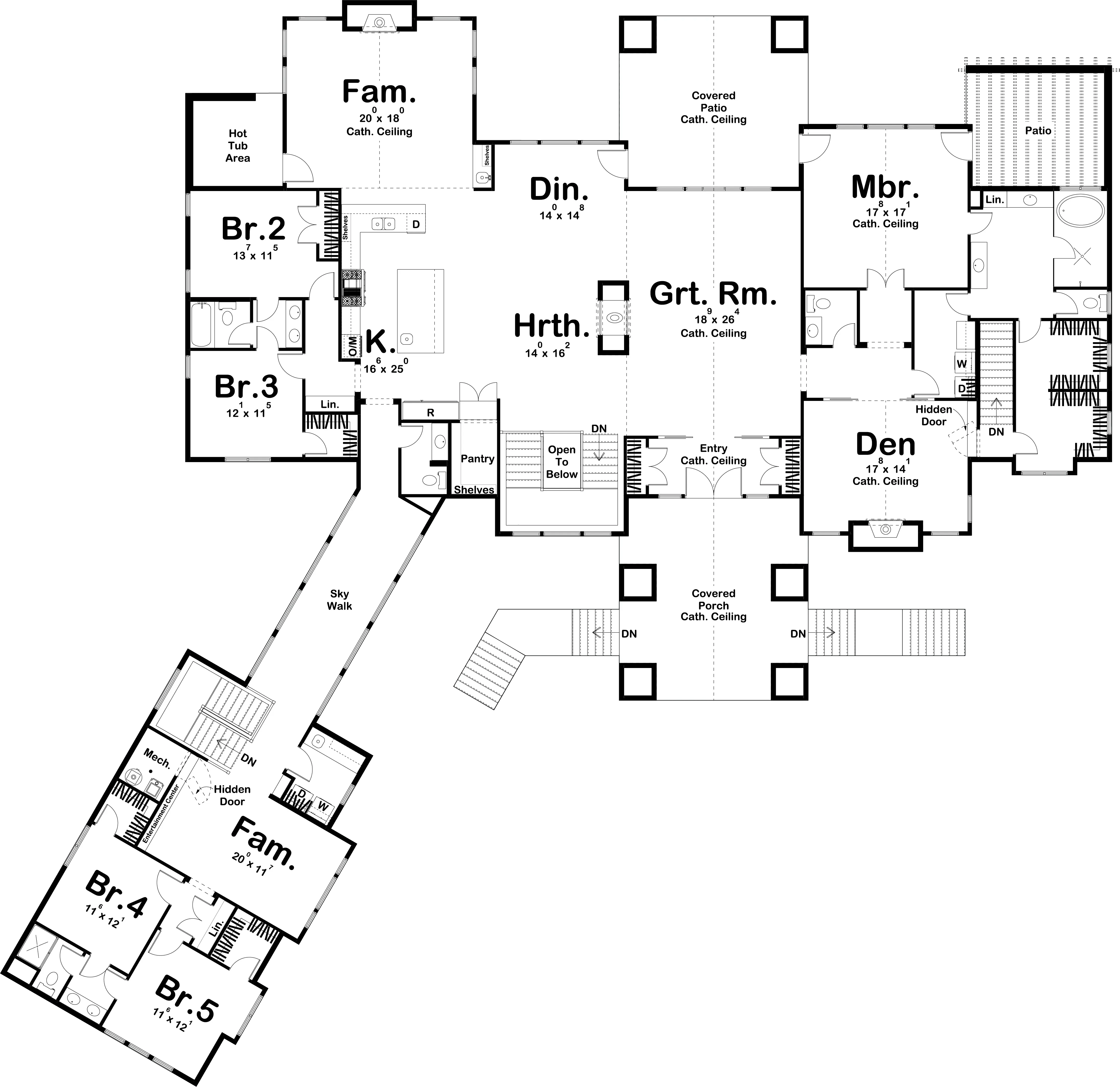 Spacious 5-Bedroom Home Plan with Courtyard Garage and Basement