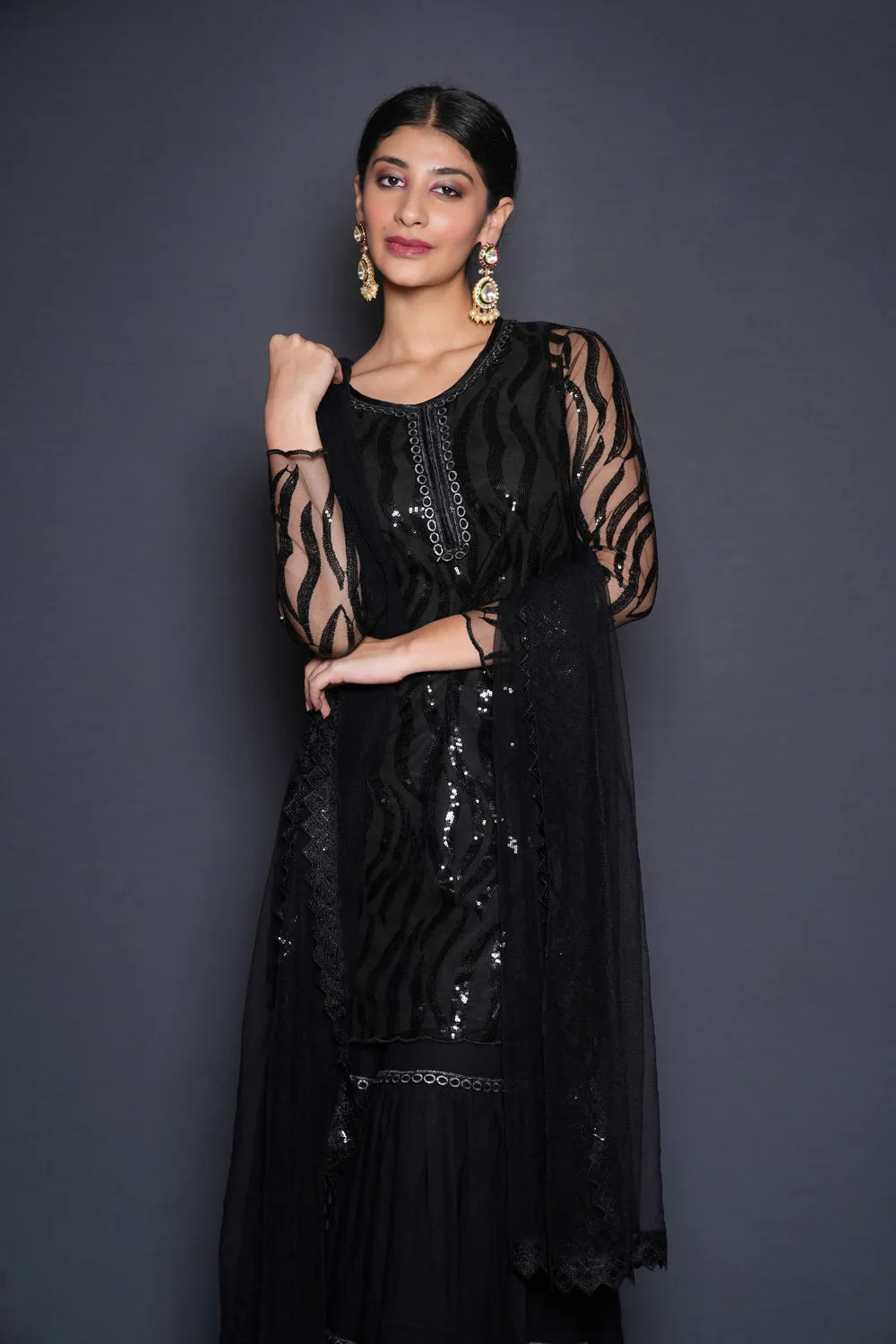 Striking Black Embellished Sharara Set