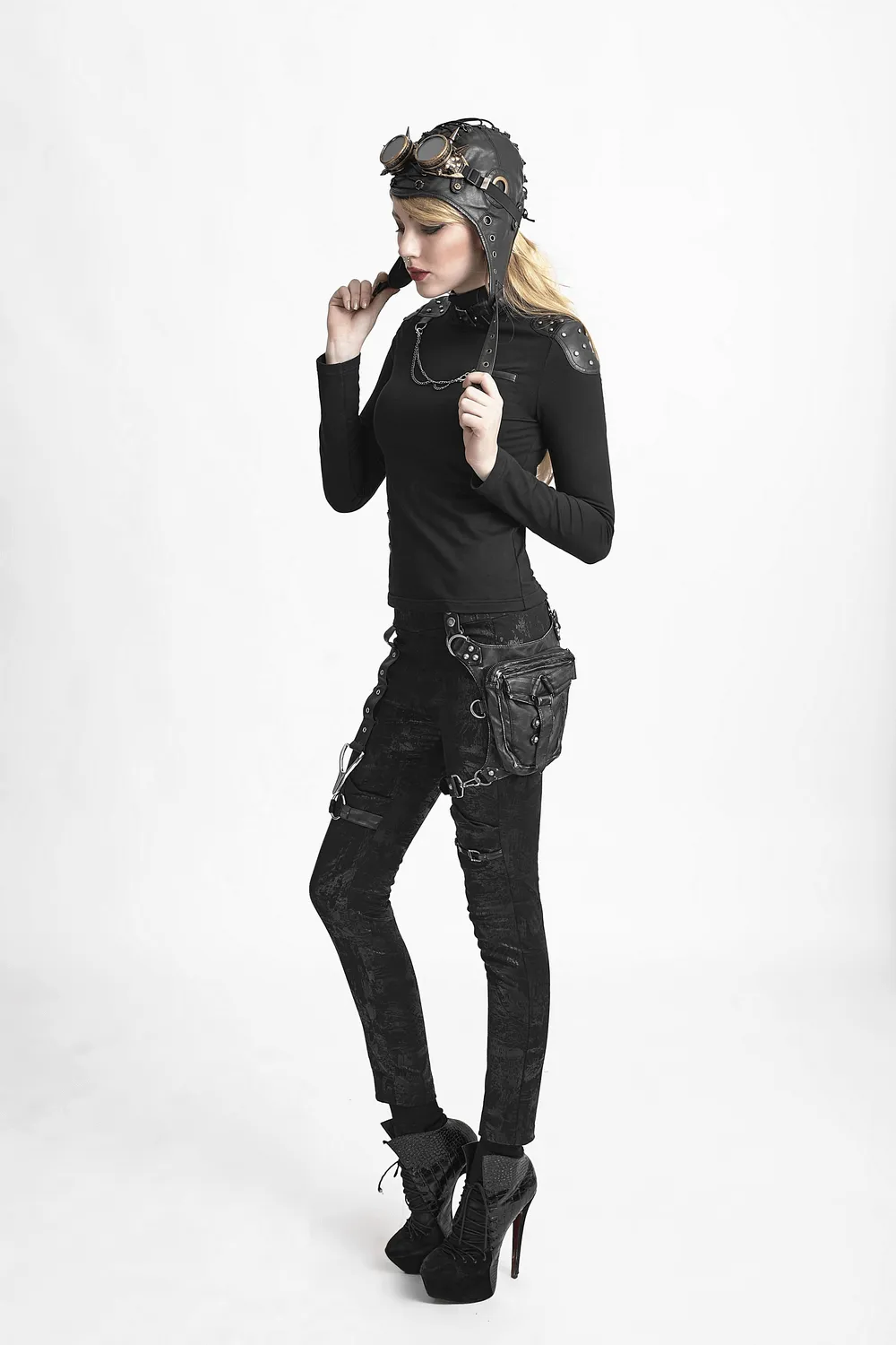 Stylish Female Gothic Black Leather Waist Bag