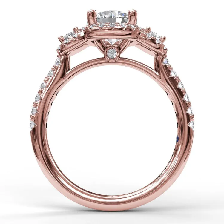 Three Stone Halo Engagement Ring