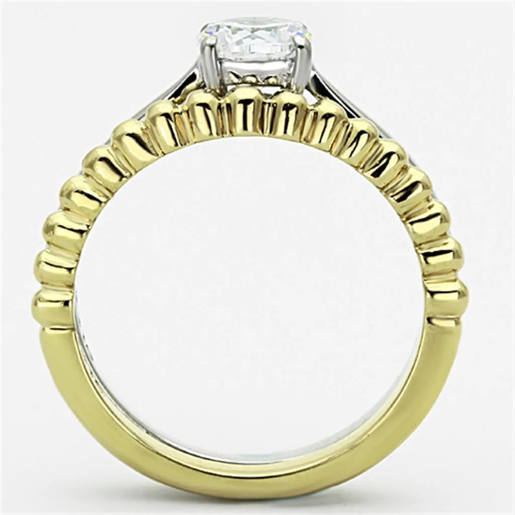 Two-Tone IP Gold (Ion Plating) Stainless Steel Ring with AAA Grade CZ in Clear for Women Style TK1093