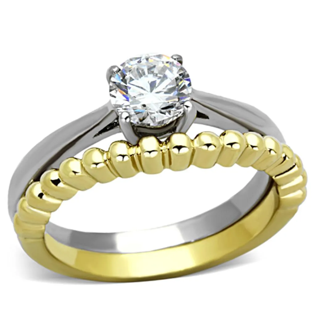 Two-Tone IP Gold (Ion Plating) Stainless Steel Ring with AAA Grade CZ in Clear for Women Style TK1093