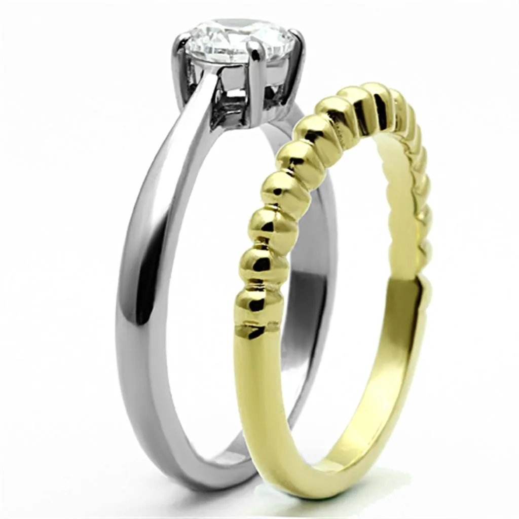 Two-Tone IP Gold (Ion Plating) Stainless Steel Ring with AAA Grade CZ in Clear for Women Style TK1093