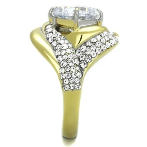 Two-Tone IP Gold (Ion Plating) Stainless Steel Ring with AAA Grade CZ in Clear for Women Style TK1910