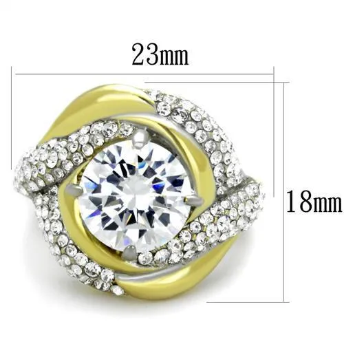 Two-Tone IP Gold (Ion Plating) Stainless Steel Ring with AAA Grade CZ in Clear for Women Style TK1910