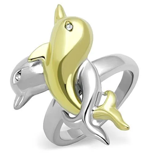 Two-Tone IP Gold (Ion Plating) Stainless Steel Ring with Top Grade Crystal in Clear for Women Style TK1698