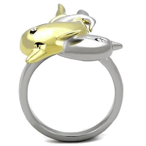 Two-Tone IP Gold (Ion Plating) Stainless Steel Ring with Top Grade Crystal in Clear for Women Style TK1698