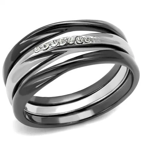 Two Tone IP Light Black (IP Gun) Stainless Steel Ring with Top Grade Crystal in Clear for Women Style TK1340PJ