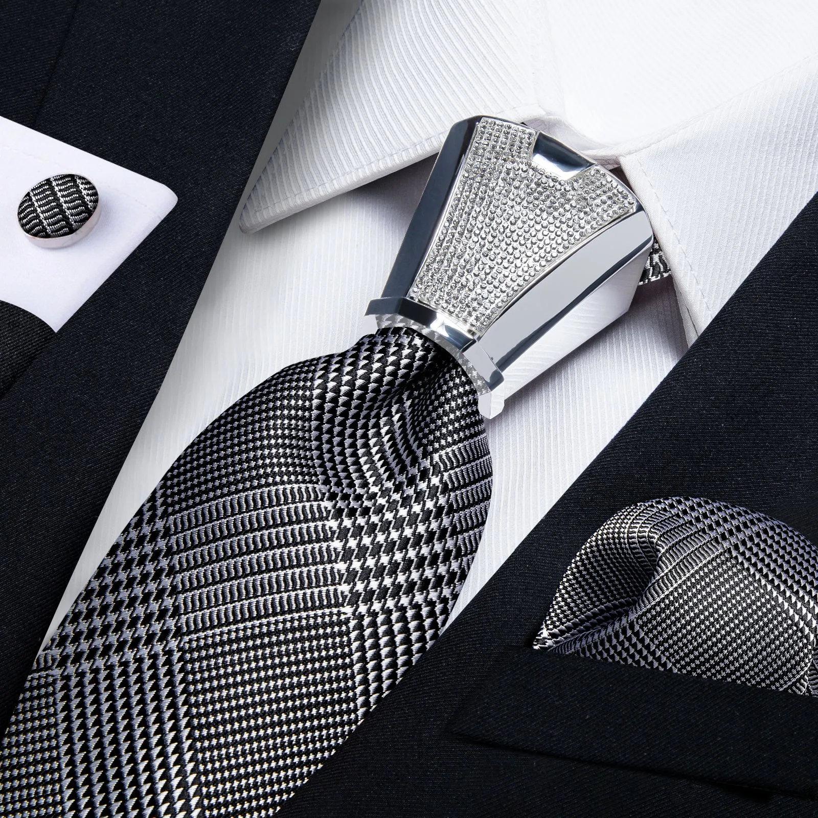 White Black Plaid Tie Pocket Square Cufflinks Set with Spacious Ring